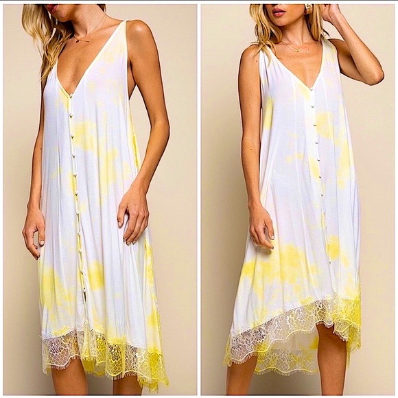 POL Dresses & Skirts - •SOLD•✨Ethreal Beauty Lemon Drop Midi Summer Dress Lace Trim Button Down✨